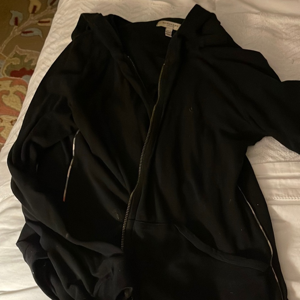 Burberry black zip up hoodie with plaid trim